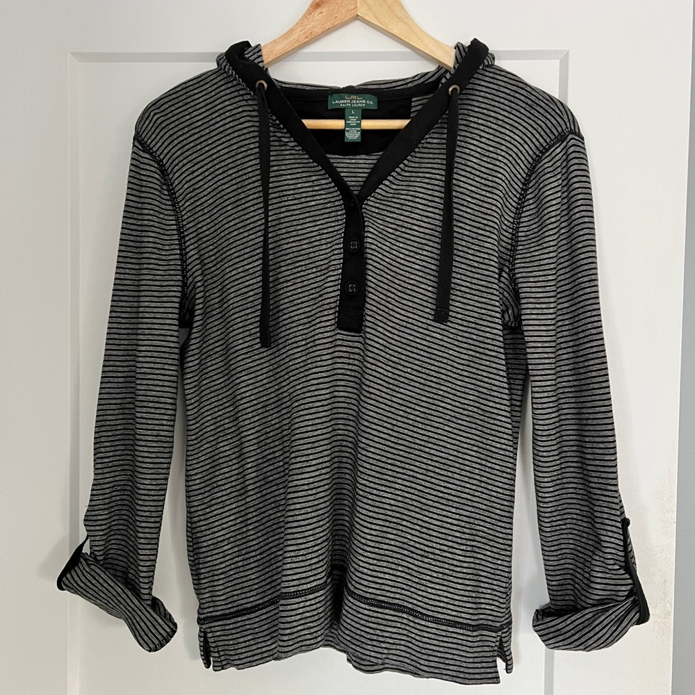 LRL Lauren Jeans CO. Striped Black and White Women's Hoodie Top